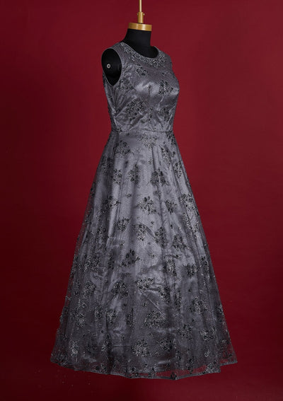 Light Grey Glitter Net Designer Gown - Koskii