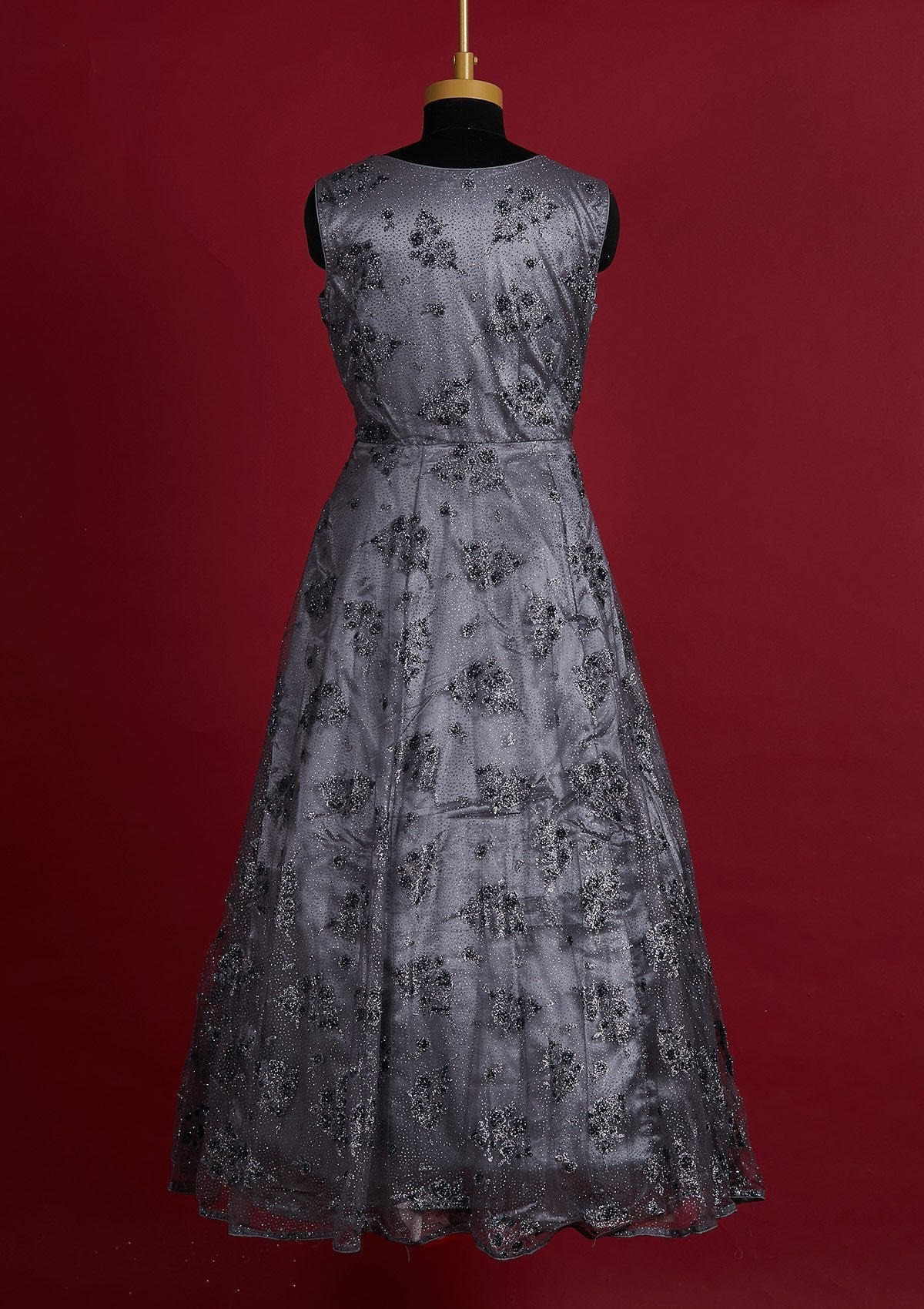 Light Grey Glitter Net Designer Gown - Koskii