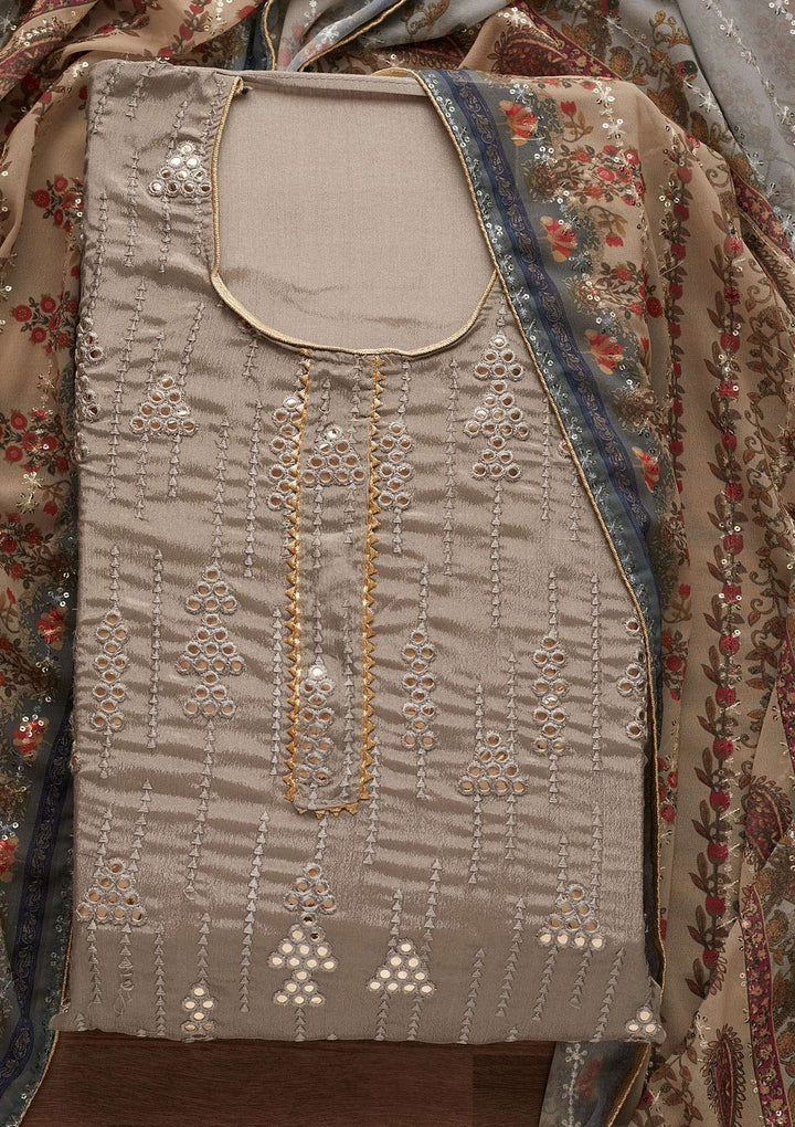Light Grey Gotapatti Semi Crepe Designer Unstitched Salwar Suit - Koskii