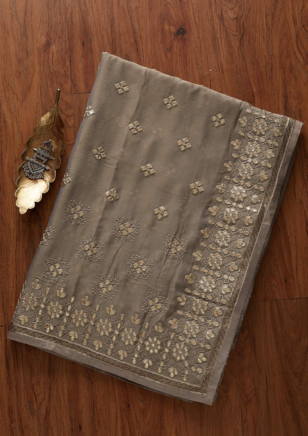 Light Grey Gotapatti Semi Crepe Designer Saree - koskii