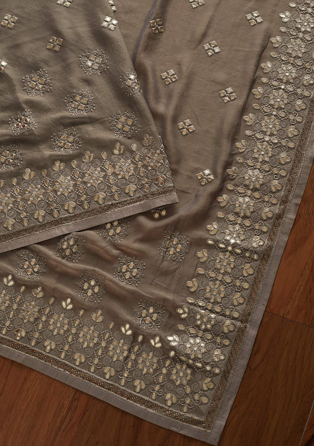 Light Grey Gotapatti Semi Crepe Designer Saree - koskii