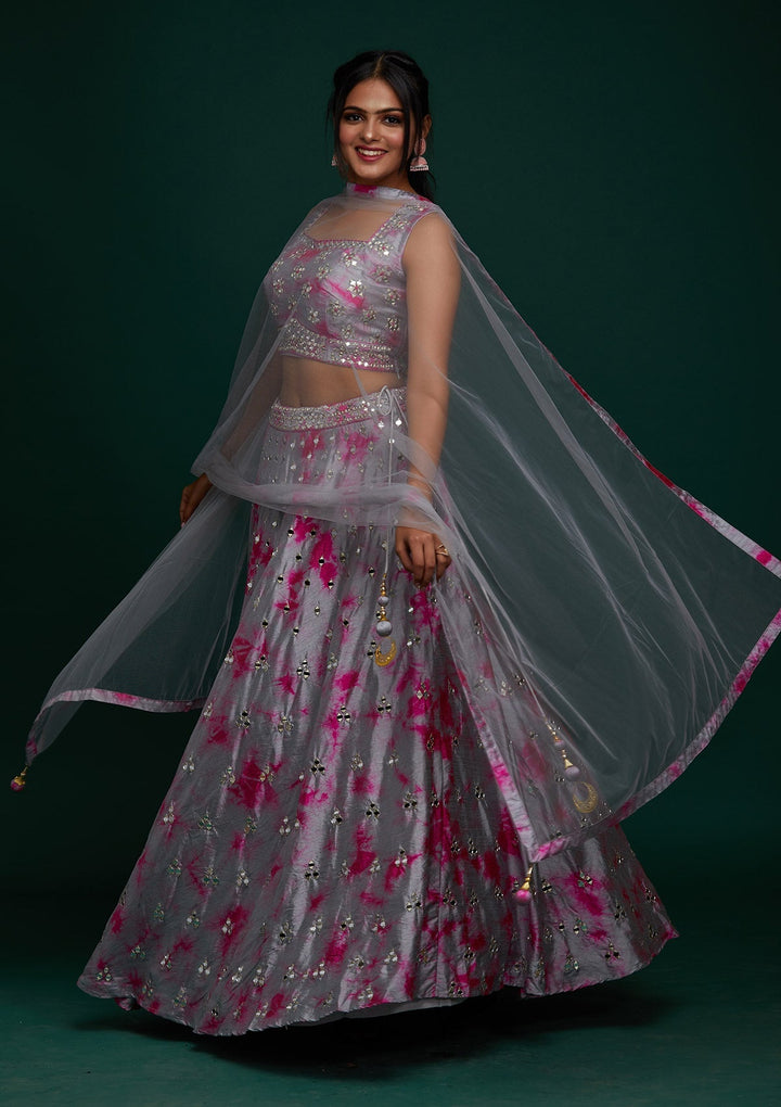 Light Grey Mirrorwork Art Silk Designer Lehenga - Koskii