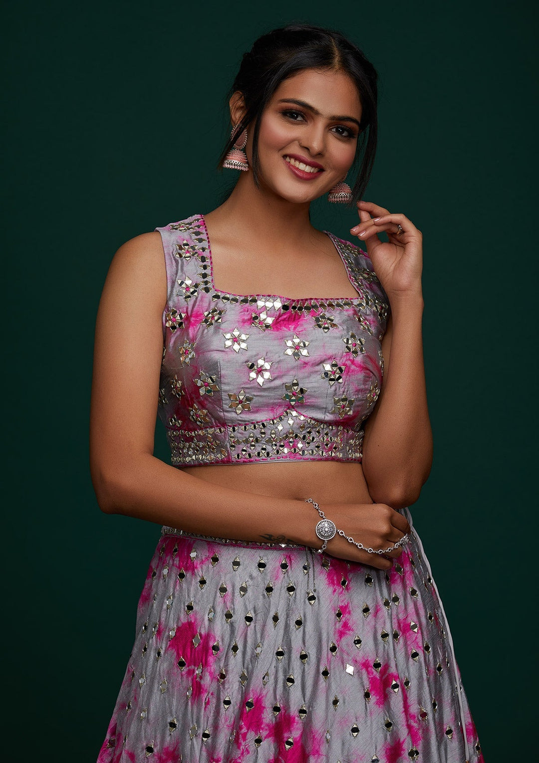 Light Grey Mirrorwork Art Silk Designer Lehenga - Koskii