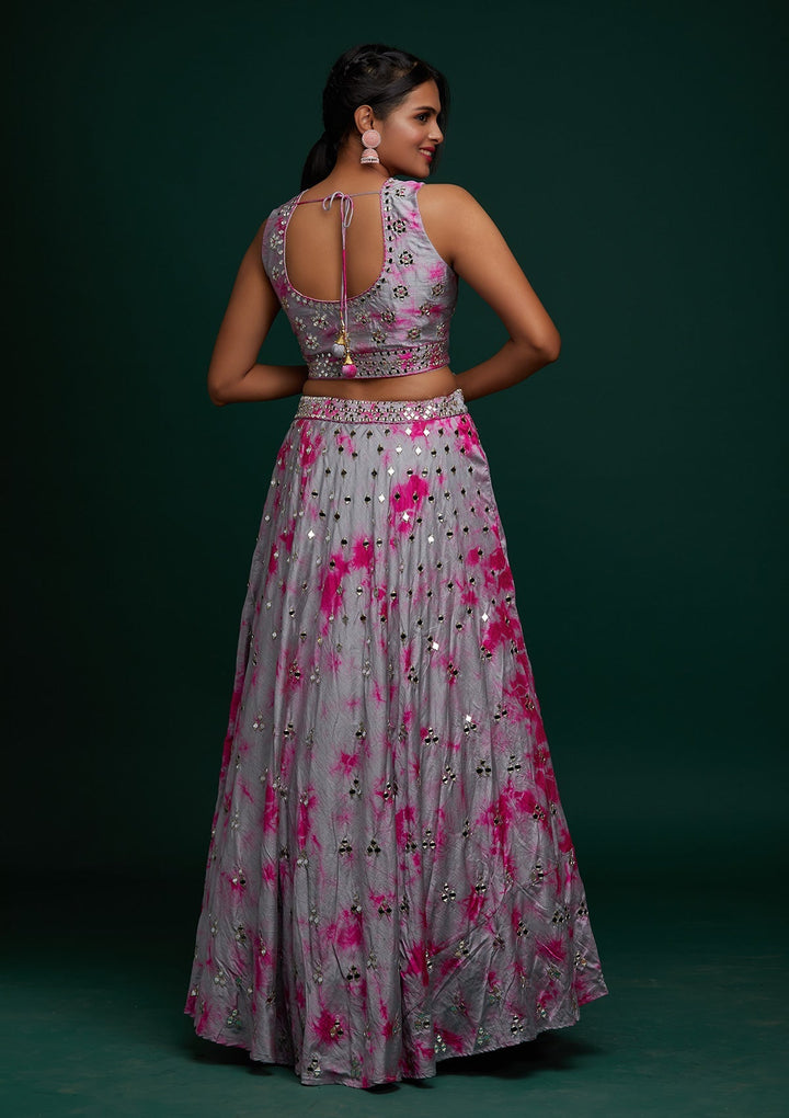 Light Grey Mirrorwork Art Silk Designer Lehenga - Koskii