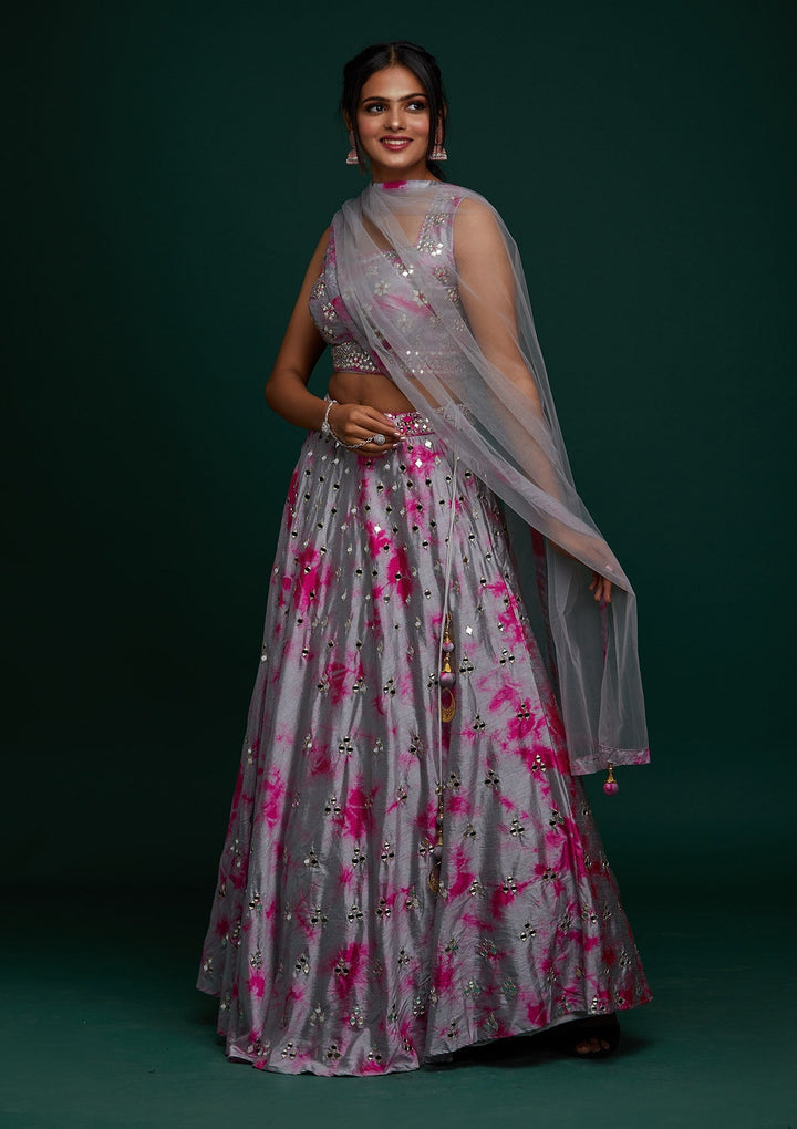 Light Grey Mirrorwork Art Silk Designer Lehenga - Koskii
