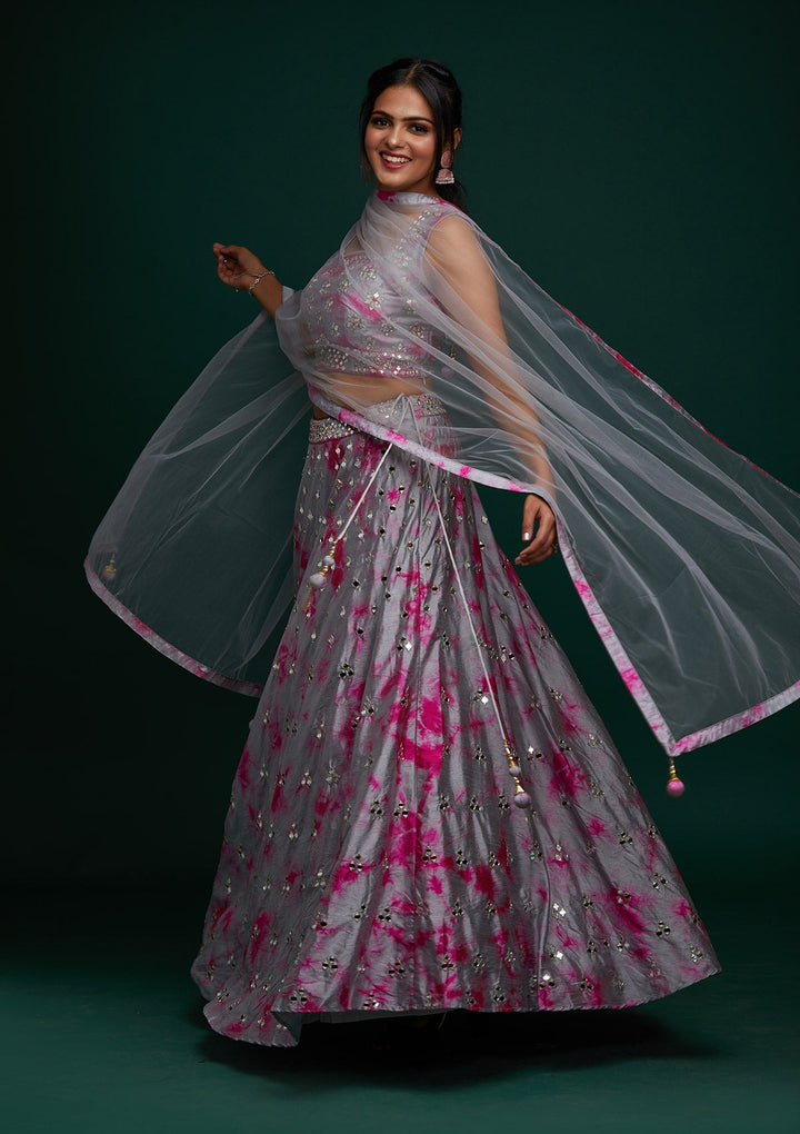 Light Grey Mirrorwork Art Silk Designer Lehenga - Koskii