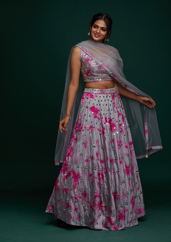 Light Grey Mirrorwork Art Silk Designer Lehenga - Koskii