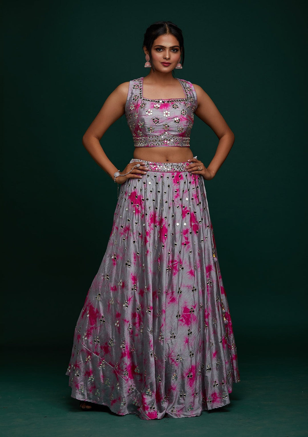 Light Grey Mirrorwork Art Silk Designer Lehenga - Koskii