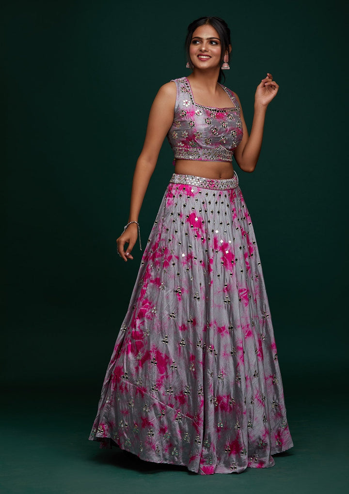 Light Grey Mirrorwork Art Silk Designer Lehenga - Koskii