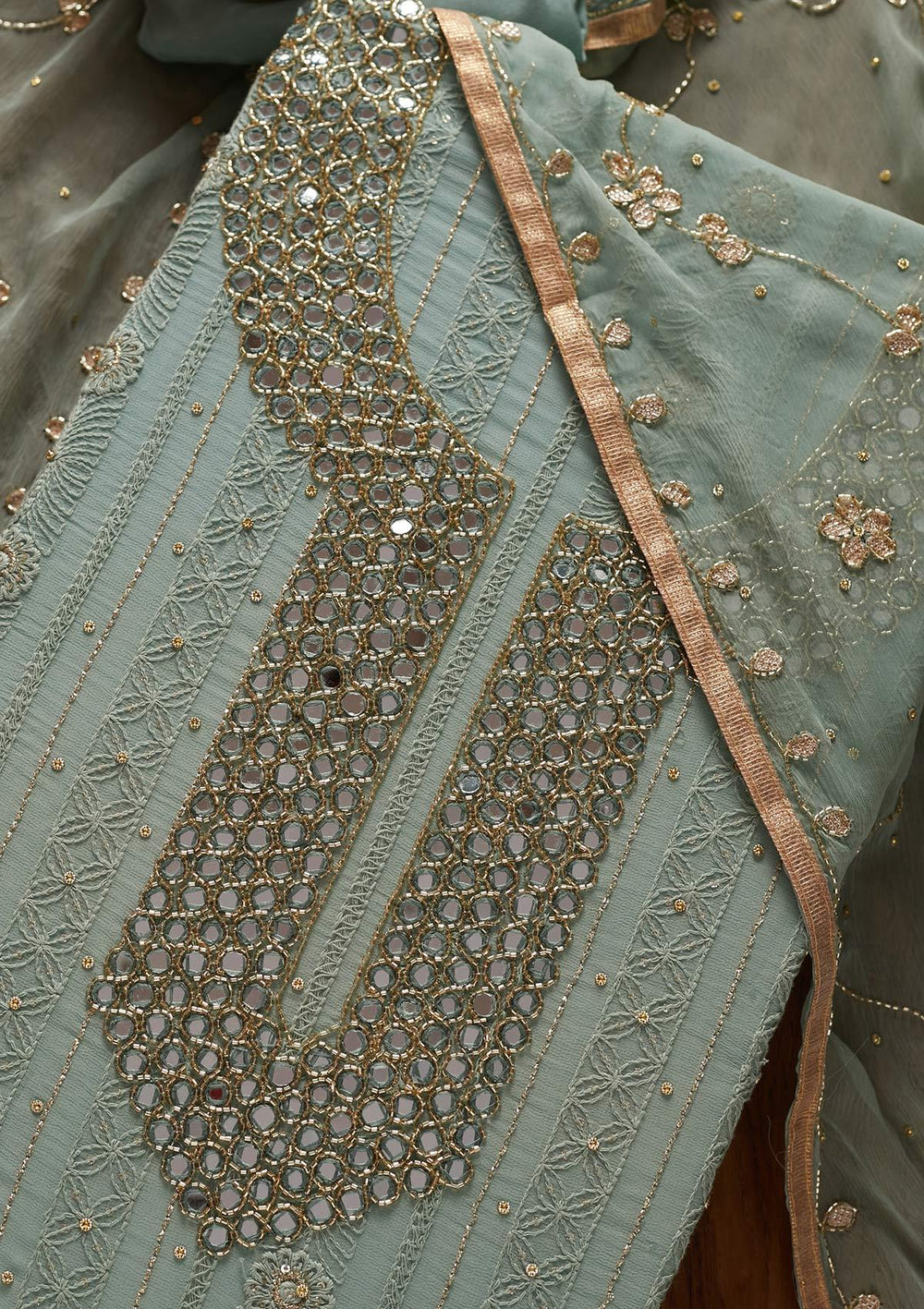 Light Grey Mirrorwork Georgette Designer Semi-Stitched Salwar Suit - koskii