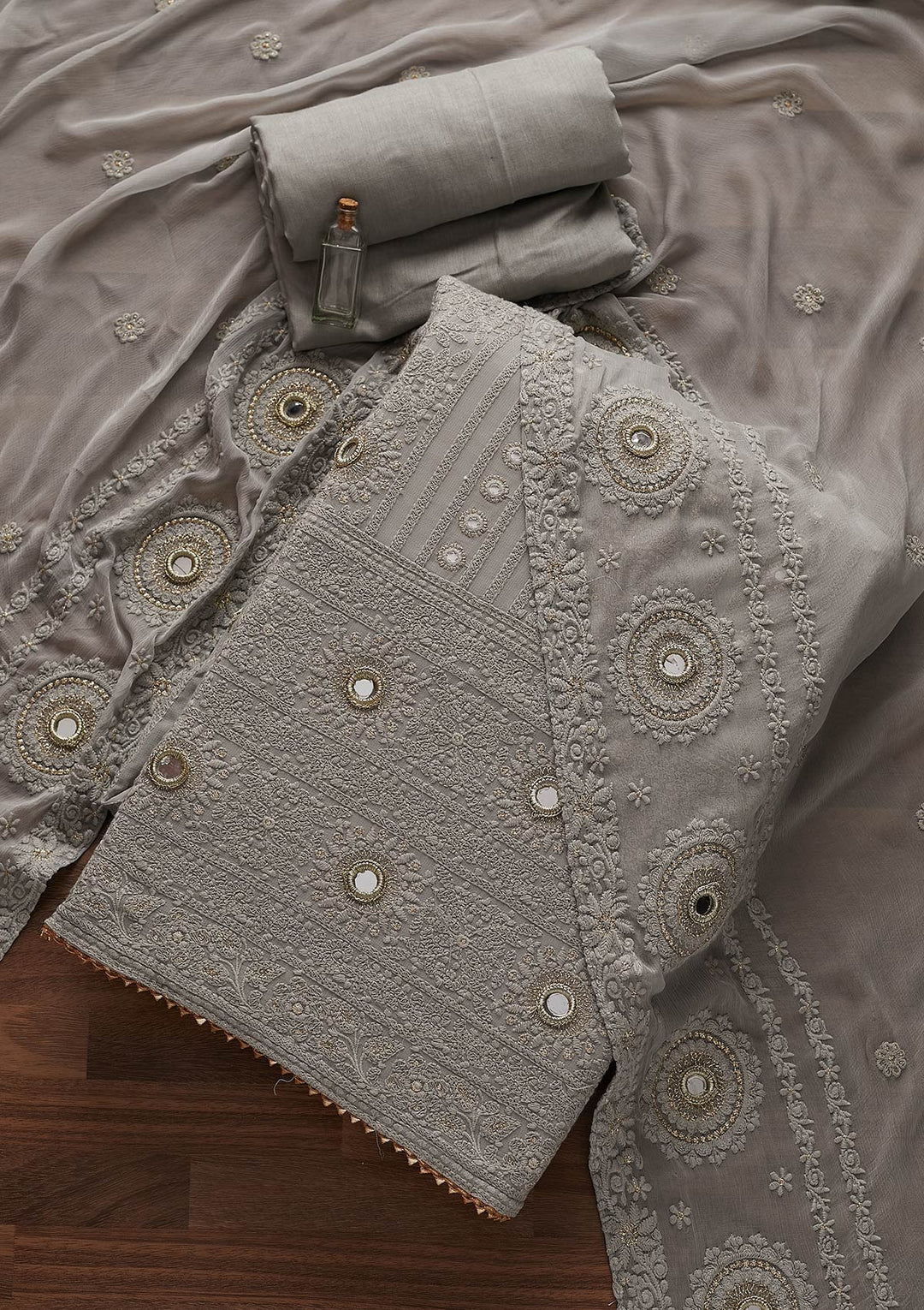 Light Grey Mirrorwork Georgette Designer Unstitched Salwar Suit - Koskii