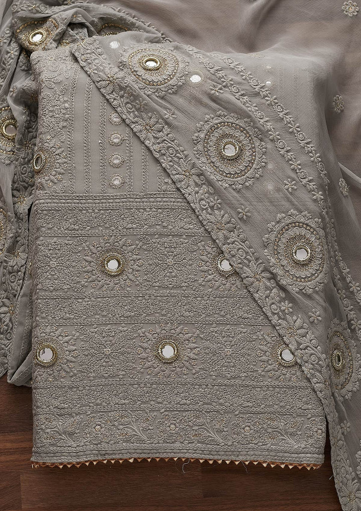 Light Grey Mirrorwork Georgette Designer Unstitched Salwar Suit - Koskii