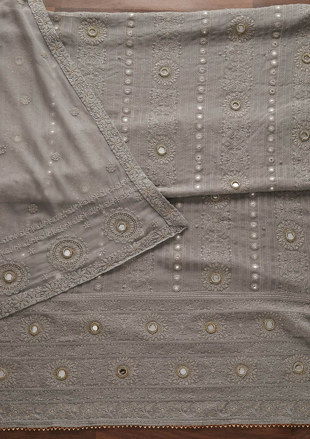 Light Grey Mirrorwork Georgette Designer Unstitched Salwar Suit - Koskii