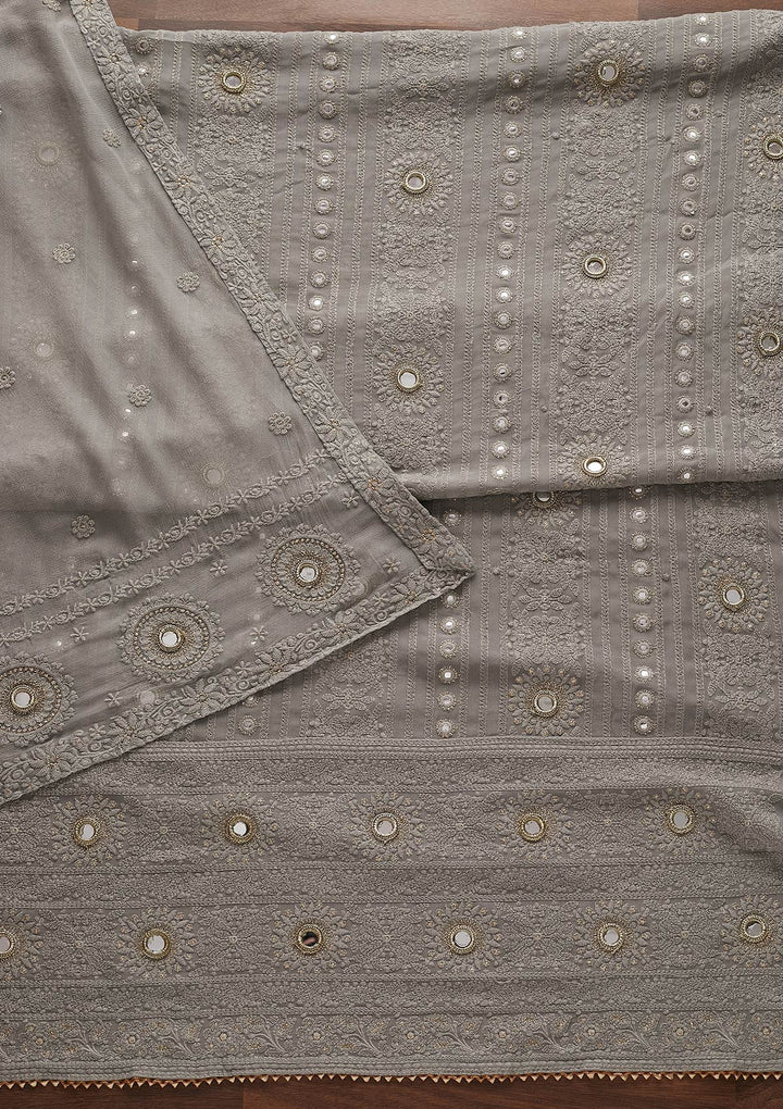 Light Grey Mirrorwork Georgette Designer Unstitched Salwar Suit - Koskii