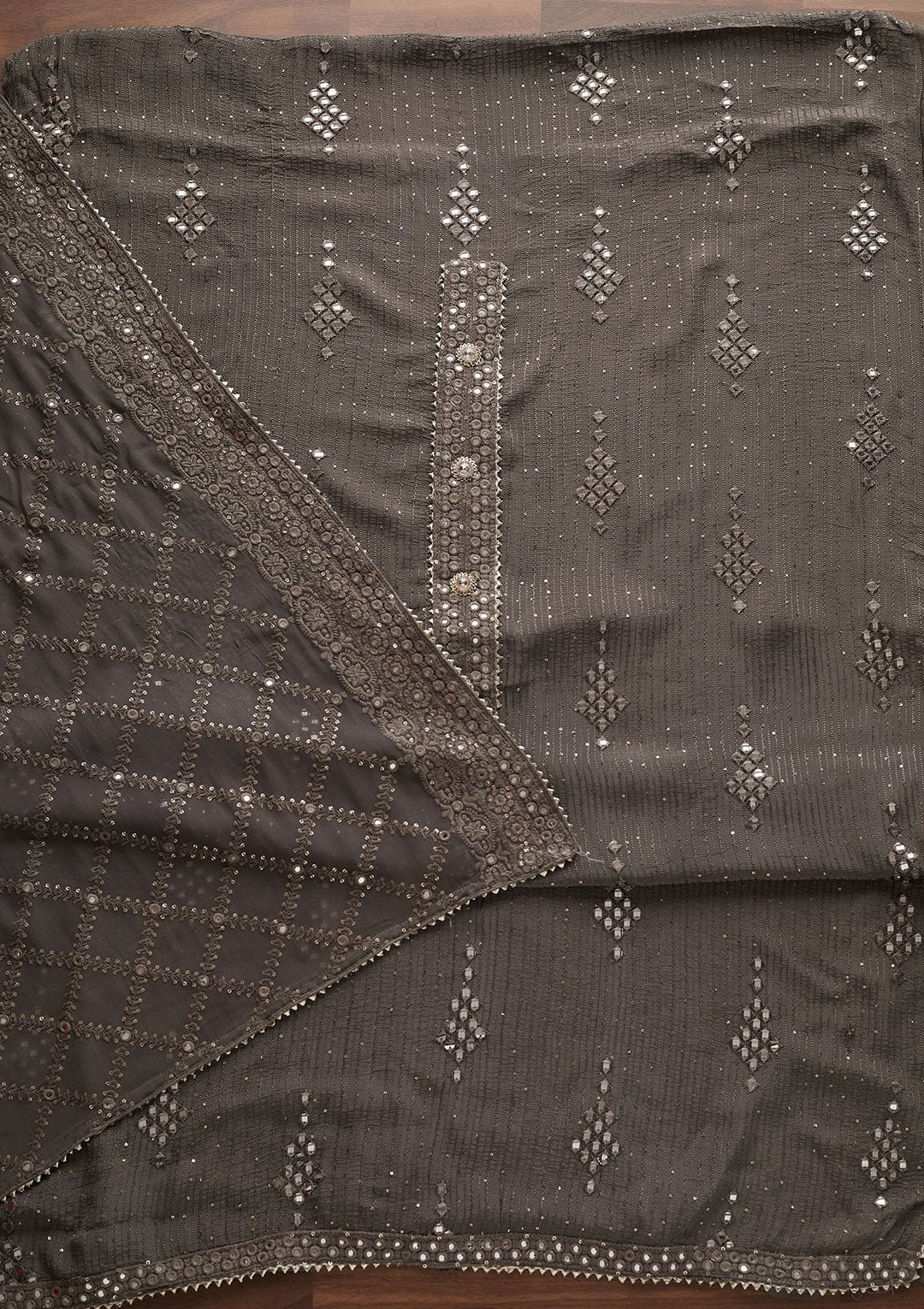 Light Grey Mirrorwork Georgette Designer Unstitched Salwar Suit - Koskii