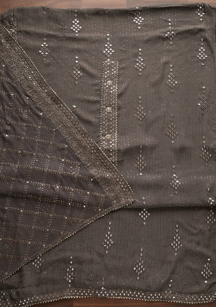 Light Grey Mirrorwork Georgette Designer Unstitched Salwar Suit - Koskii