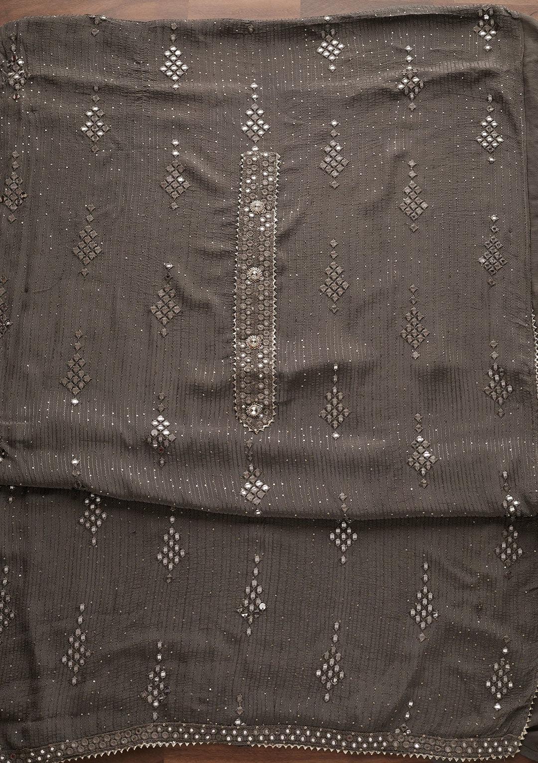 Light Grey Mirrorwork Georgette Designer Unstitched Salwar Suit - Koskii
