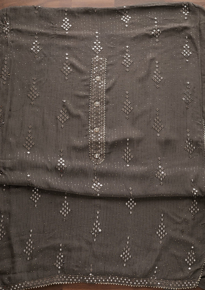 Light Grey Mirrorwork Georgette Designer Unstitched Salwar Suit - Koskii