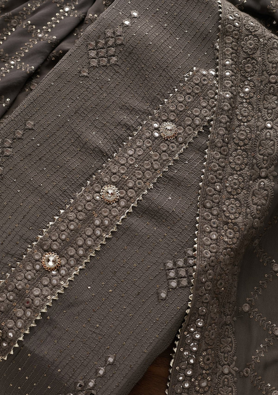 Light Grey Mirrorwork Georgette Designer Unstitched Salwar Suit - Koskii