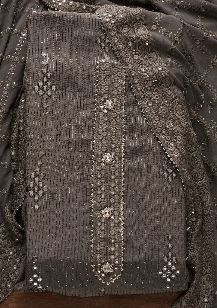Light Grey Mirrorwork Georgette Designer Unstitched Salwar Suit - Koskii