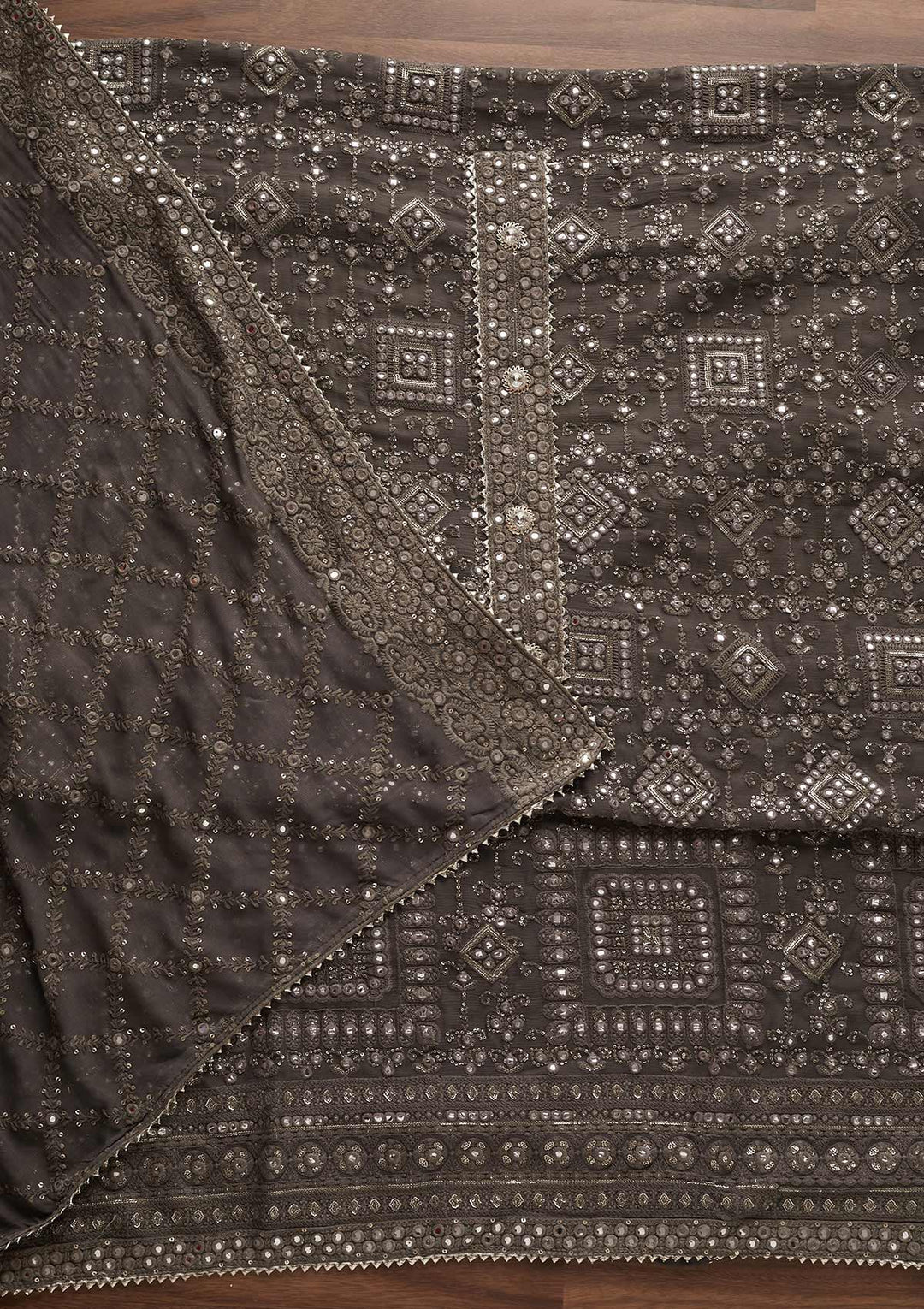 Light Grey Mirrorwork Georgette Designer Unstitched Salwar Suit - Koskii