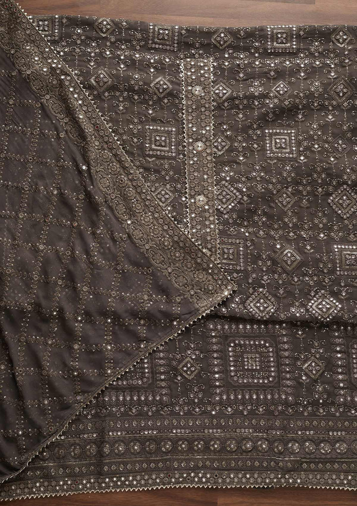 Light Grey Mirrorwork Georgette Designer Unstitched Salwar Suit - Koskii