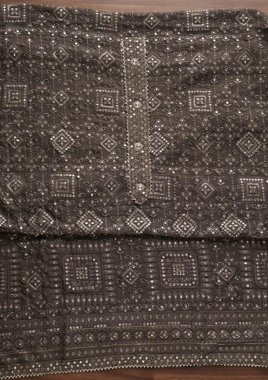 Light Grey Mirrorwork Georgette Designer Unstitched Salwar Suit - Koskii