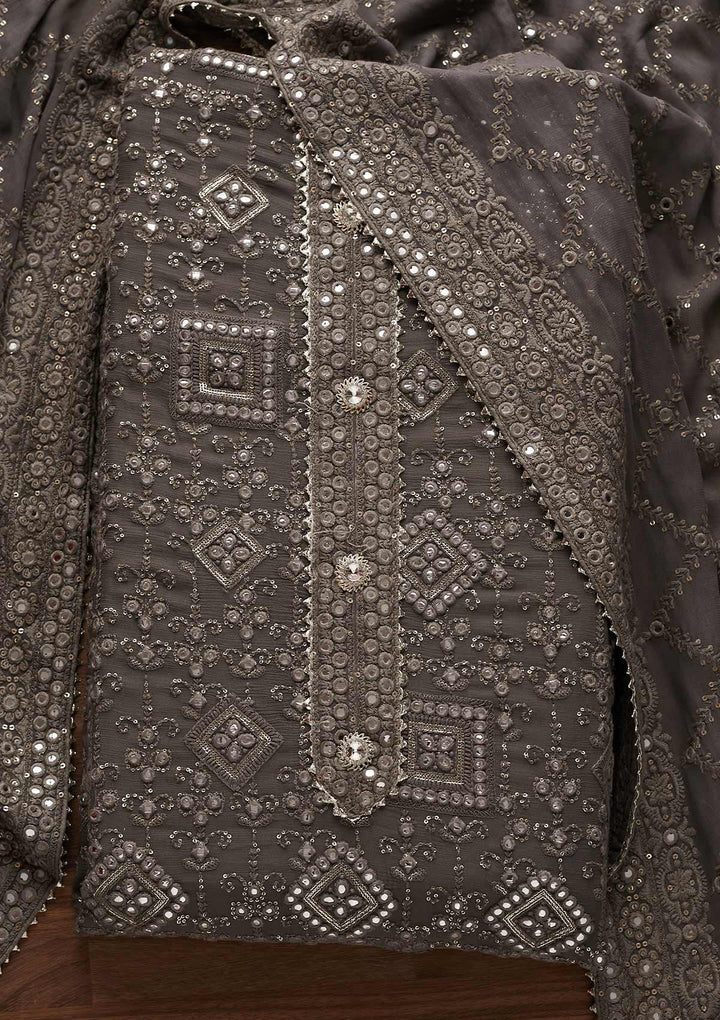 Light Grey Mirrorwork Georgette Designer Unstitched Salwar Suit - Koskii