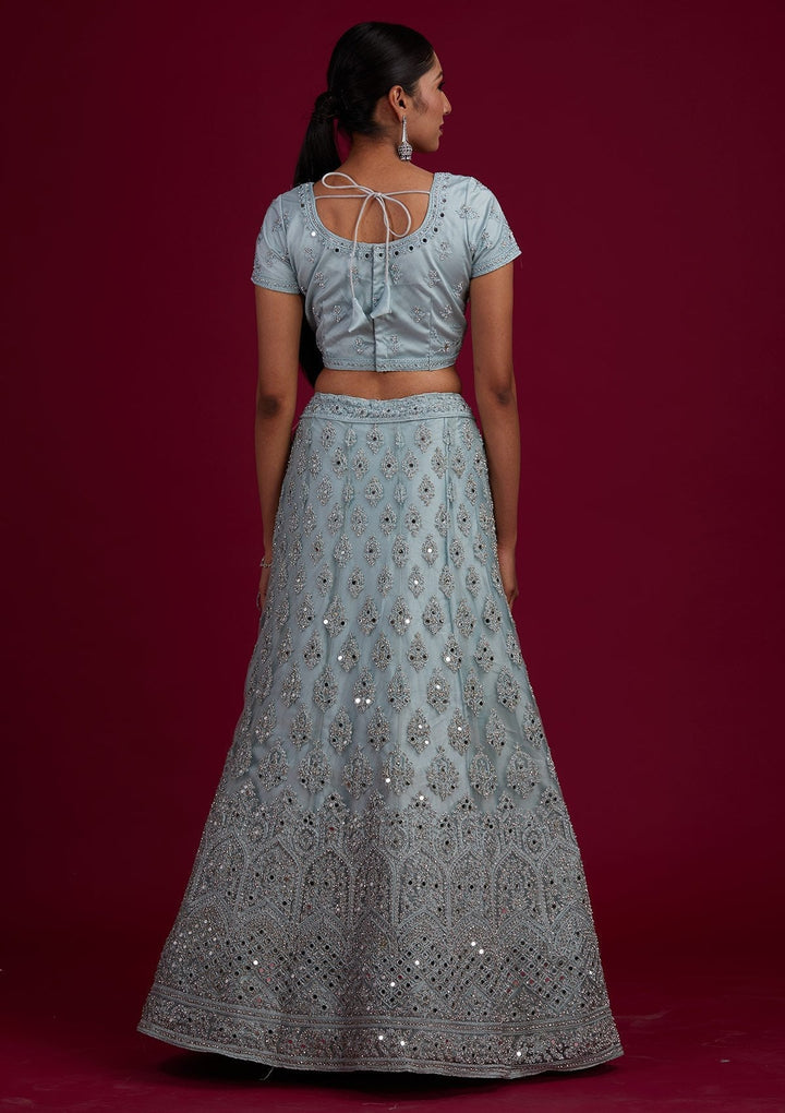 Light Grey Mirrorwork Net Designer Semi-Stitched Lehenga - Koskii