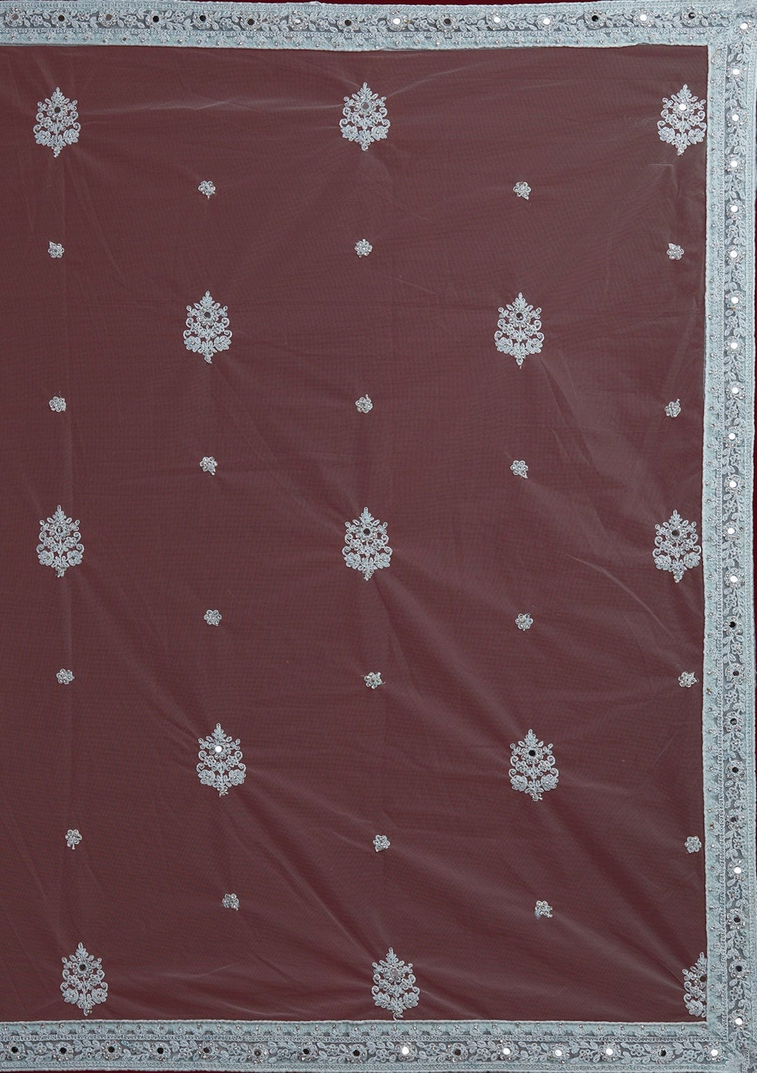 Light Grey Mirrorwork Net Designer Semi-Stitched Lehenga - Koskii