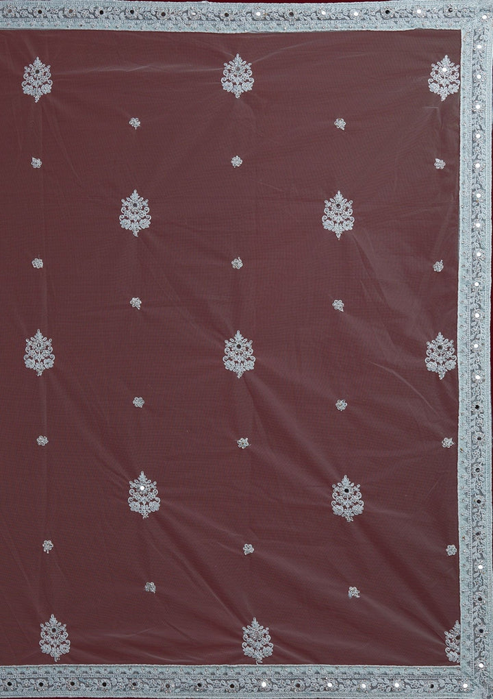 Light Grey Mirrorwork Net Designer Semi-Stitched Lehenga - Koskii