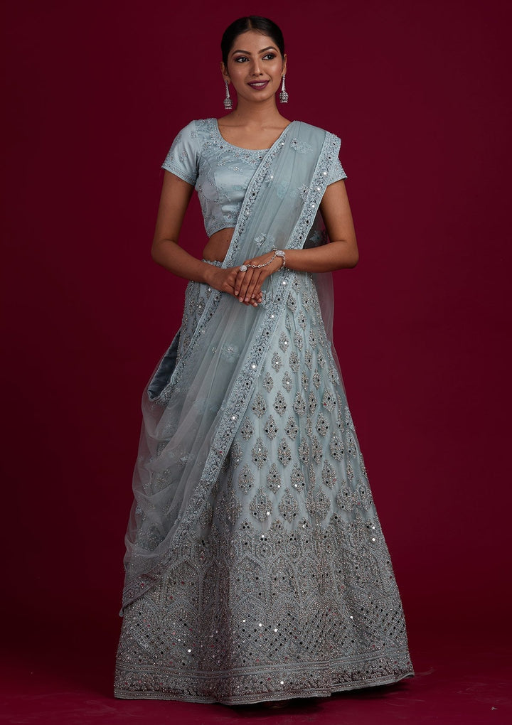 Light Grey Mirrorwork Net Designer Semi-Stitched Lehenga - Koskii