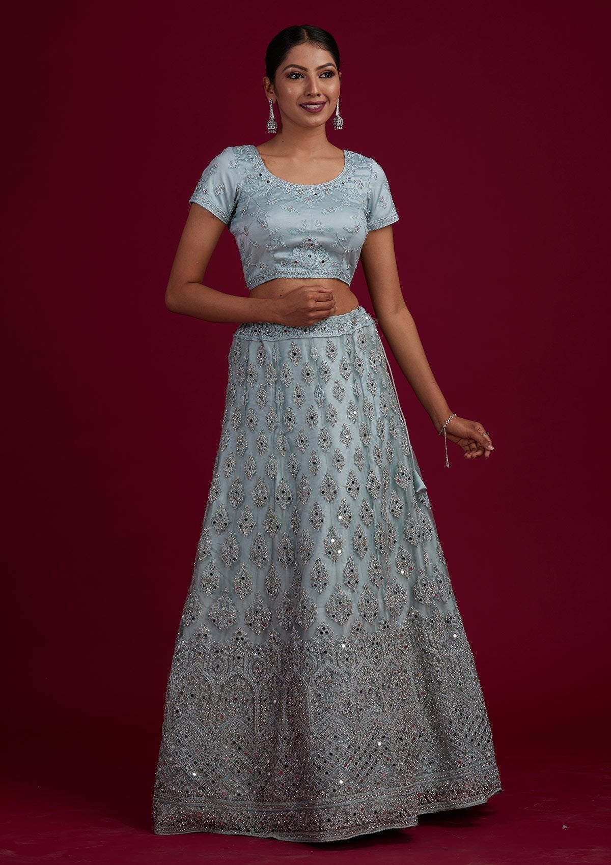Light Grey Mirrorwork Net Designer Semi-Stitched Lehenga - Koskii