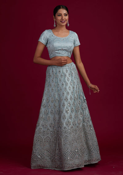 Light Grey Mirrorwork Net Designer Semi-Stitched Lehenga - Koskii