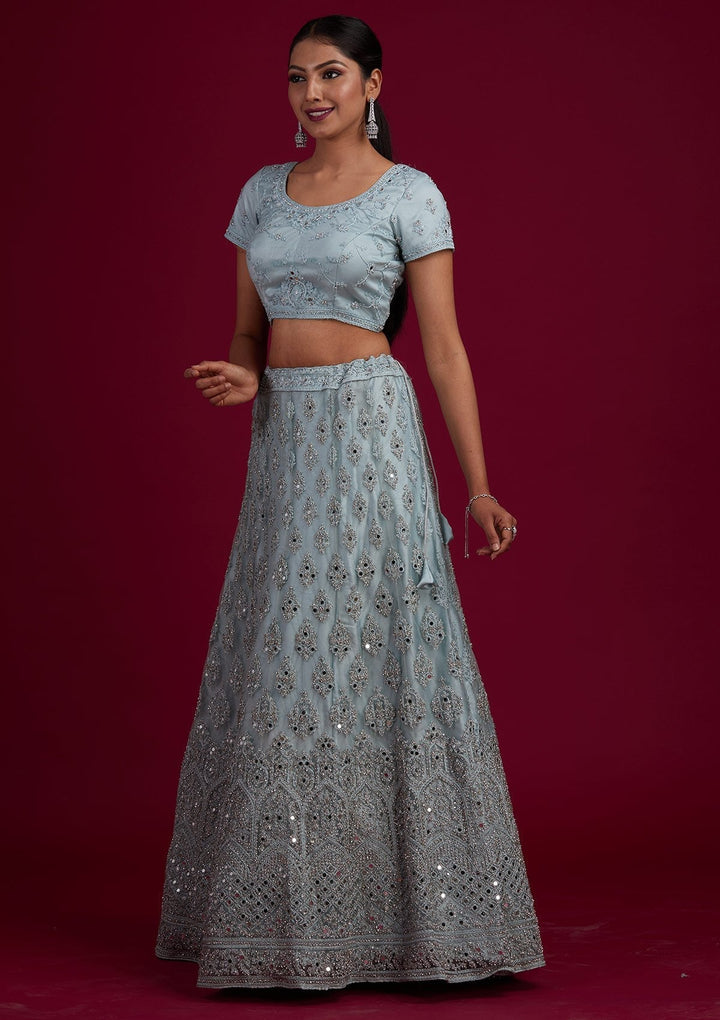 Light Grey Mirrorwork Net Designer Semi-Stitched Lehenga - Koskii
