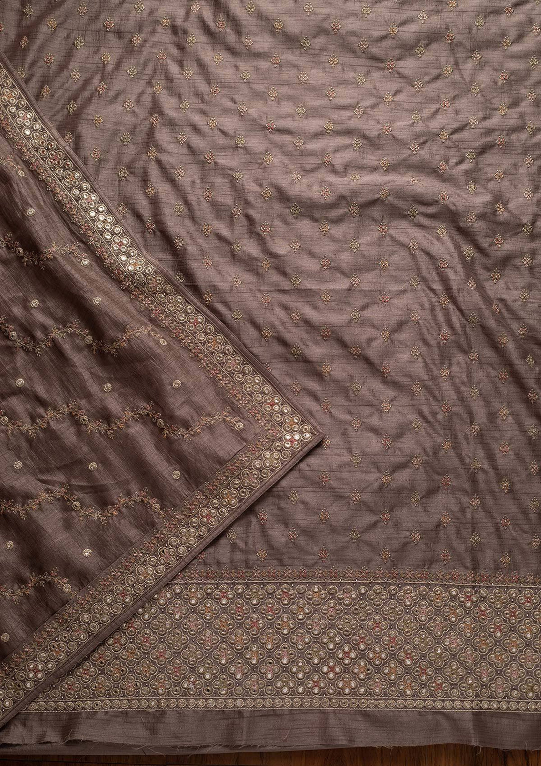 Light Grey Mirrorwork Raw Silk Designer Unstitched Salwar Suit - koskii