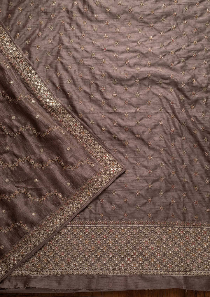 Light Grey Mirrorwork Raw Silk Designer Unstitched Salwar Suit - koskii