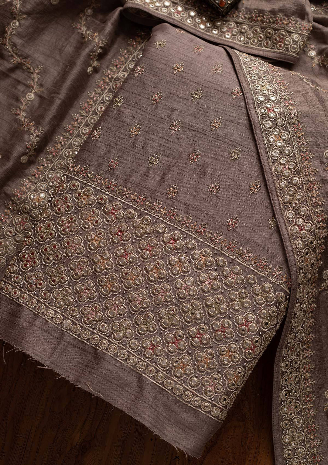 Light Grey Mirrorwork Raw Silk Designer Unstitched Salwar Suit - koskii
