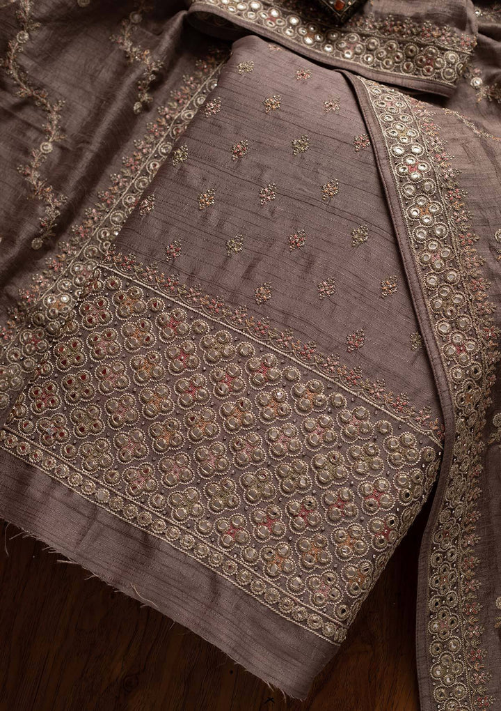 Light Grey Mirrorwork Raw Silk Designer Unstitched Salwar Suit - koskii