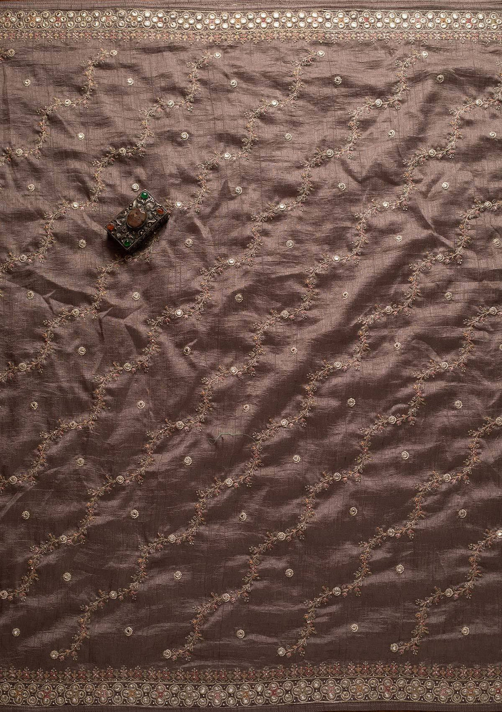 Light Grey Mirrorwork Raw Silk Designer Unstitched Salwar Suit - koskii