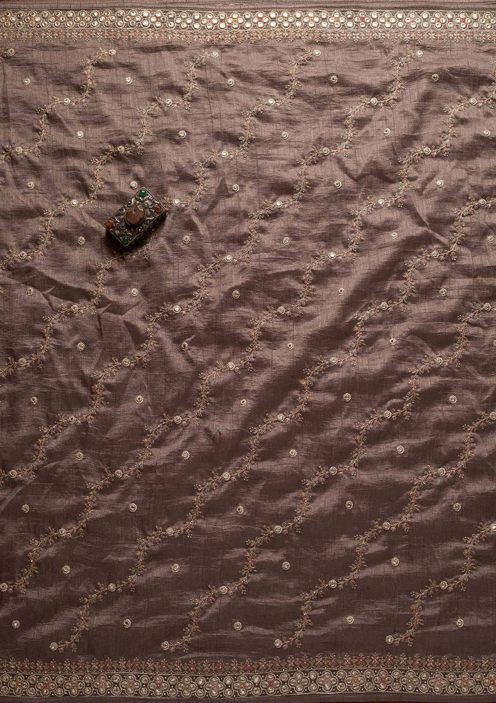 Light Grey Mirrorwork Raw Silk Designer Unstitched Salwar Suit - koskii