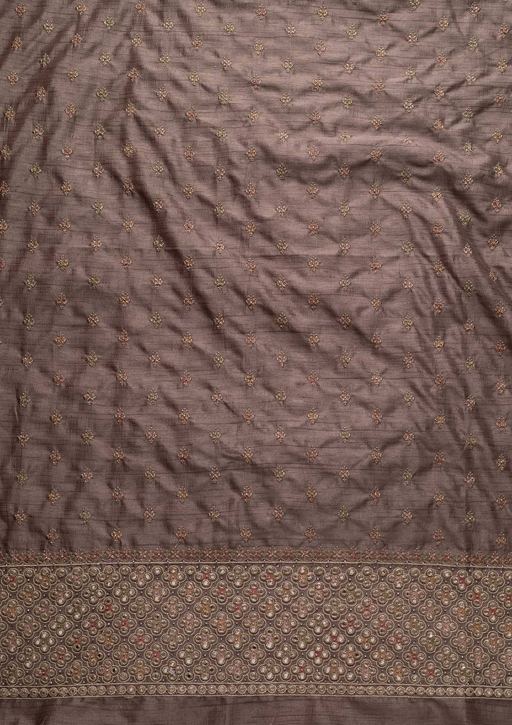 Light Grey Mirrorwork Raw Silk Designer Unstitched Salwar Suit - koskii