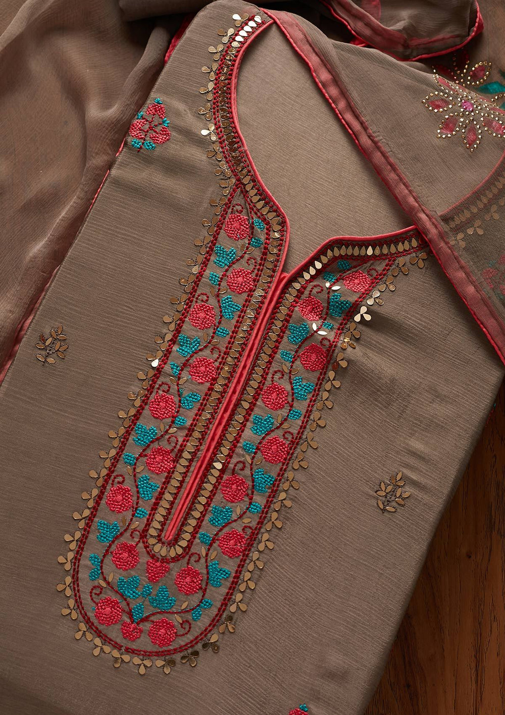 Light Grey Mirrorwork Semi Crepe Designer Unstitched Salwar Suit - koskii