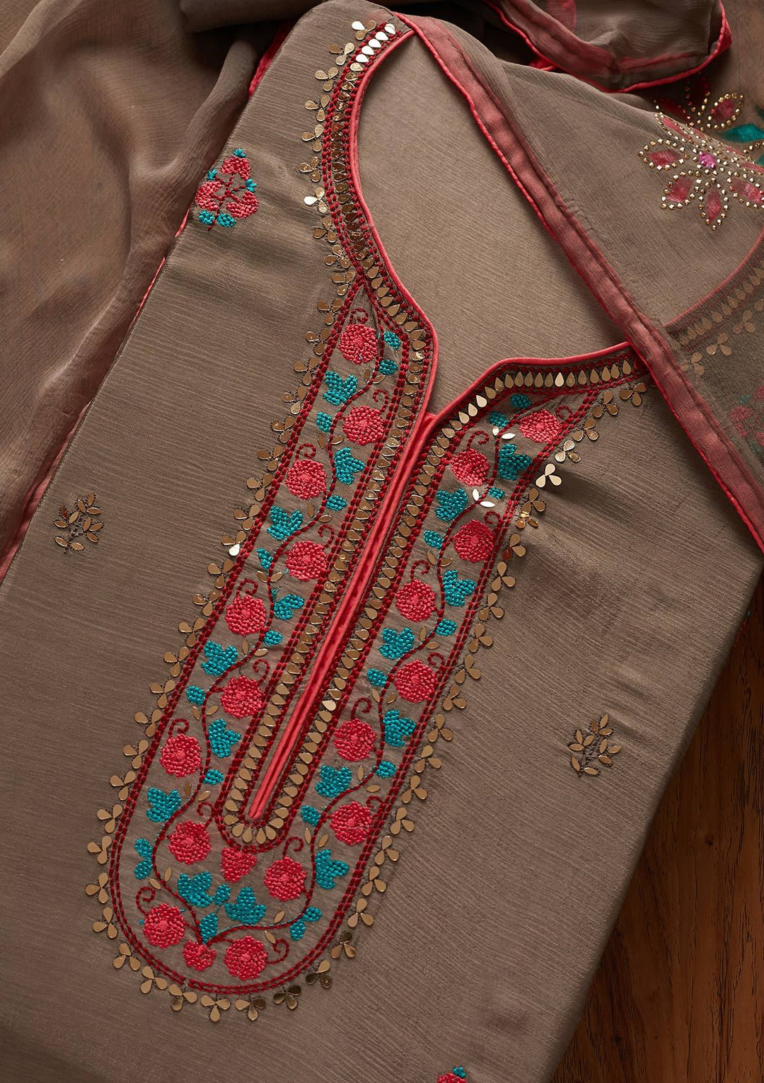 Light Grey Mirrorwork Semi Crepe Designer Unstitched Salwar Suit - koskii