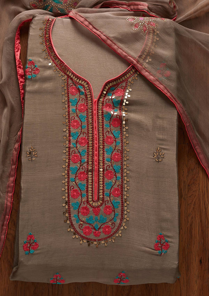Light Grey Mirrorwork Semi Crepe Designer Unstitched Salwar Suit - koskii