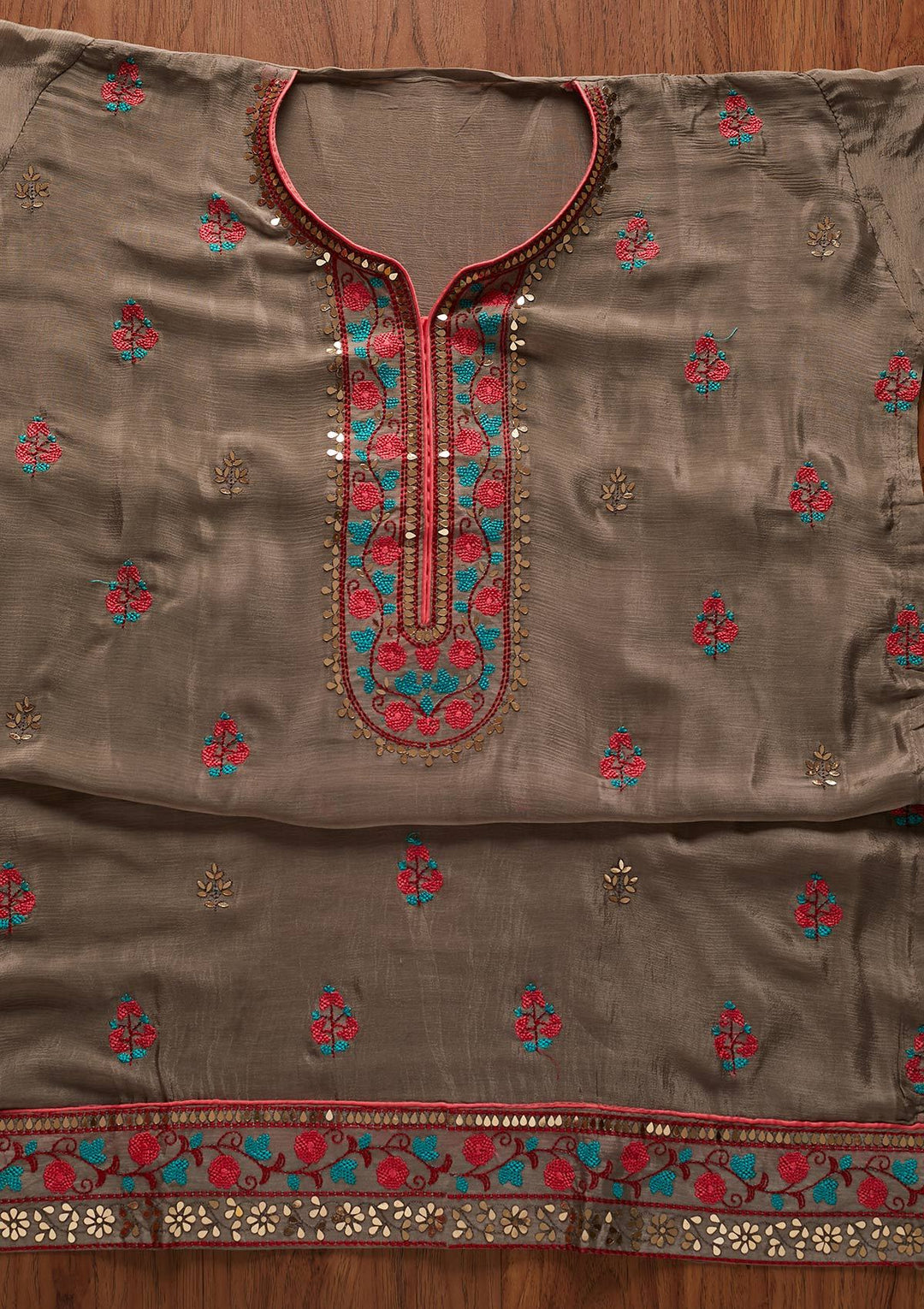 Light Grey Mirrorwork Semi Crepe Designer Unstitched Salwar Suit - koskii