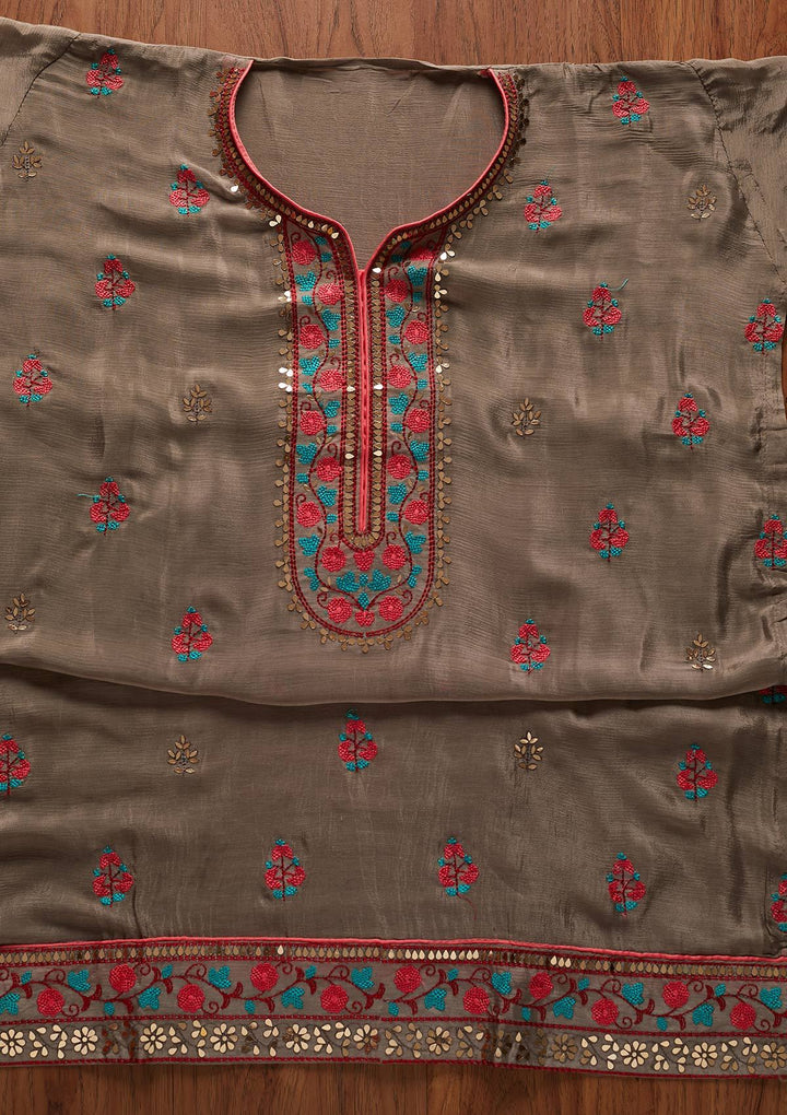 Light Grey Mirrorwork Semi Crepe Designer Unstitched Salwar Suit - koskii