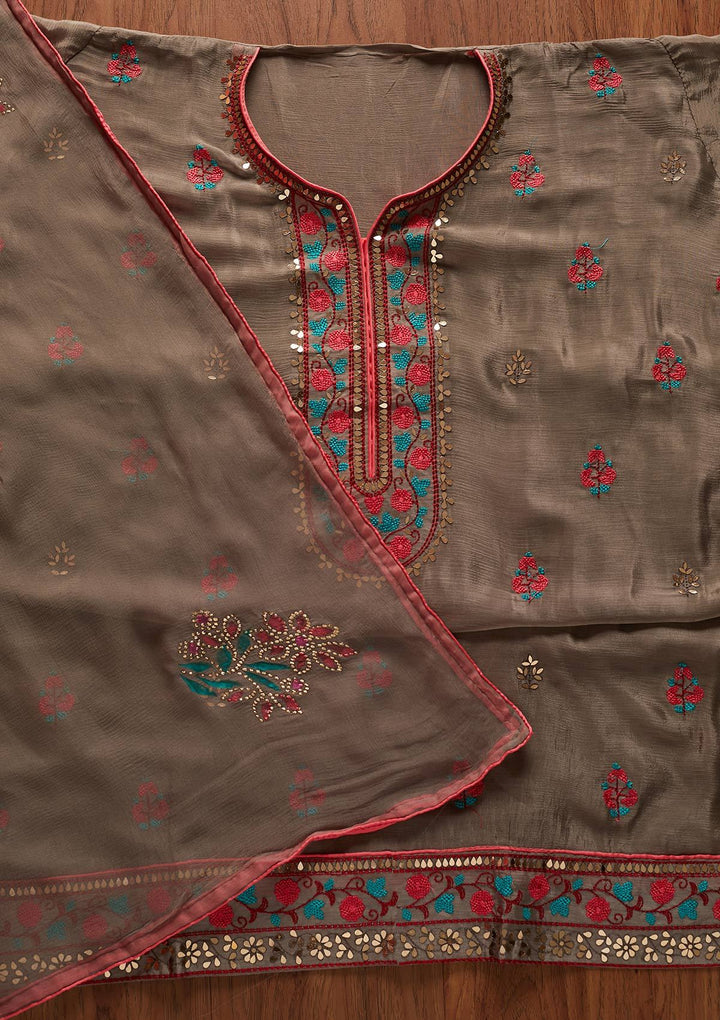 Light Grey Mirrorwork Semi Crepe Designer Unstitched Salwar Suit - koskii