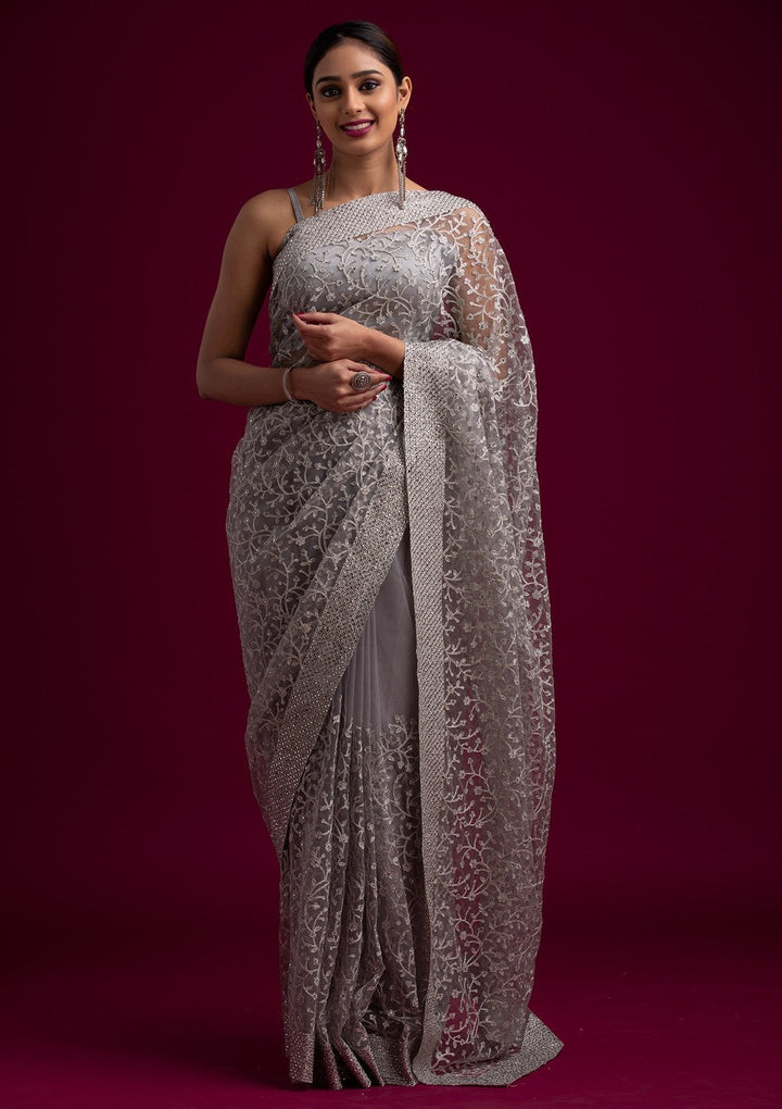 Light Grey Silver Zariwork Net Designer Saree - koskii