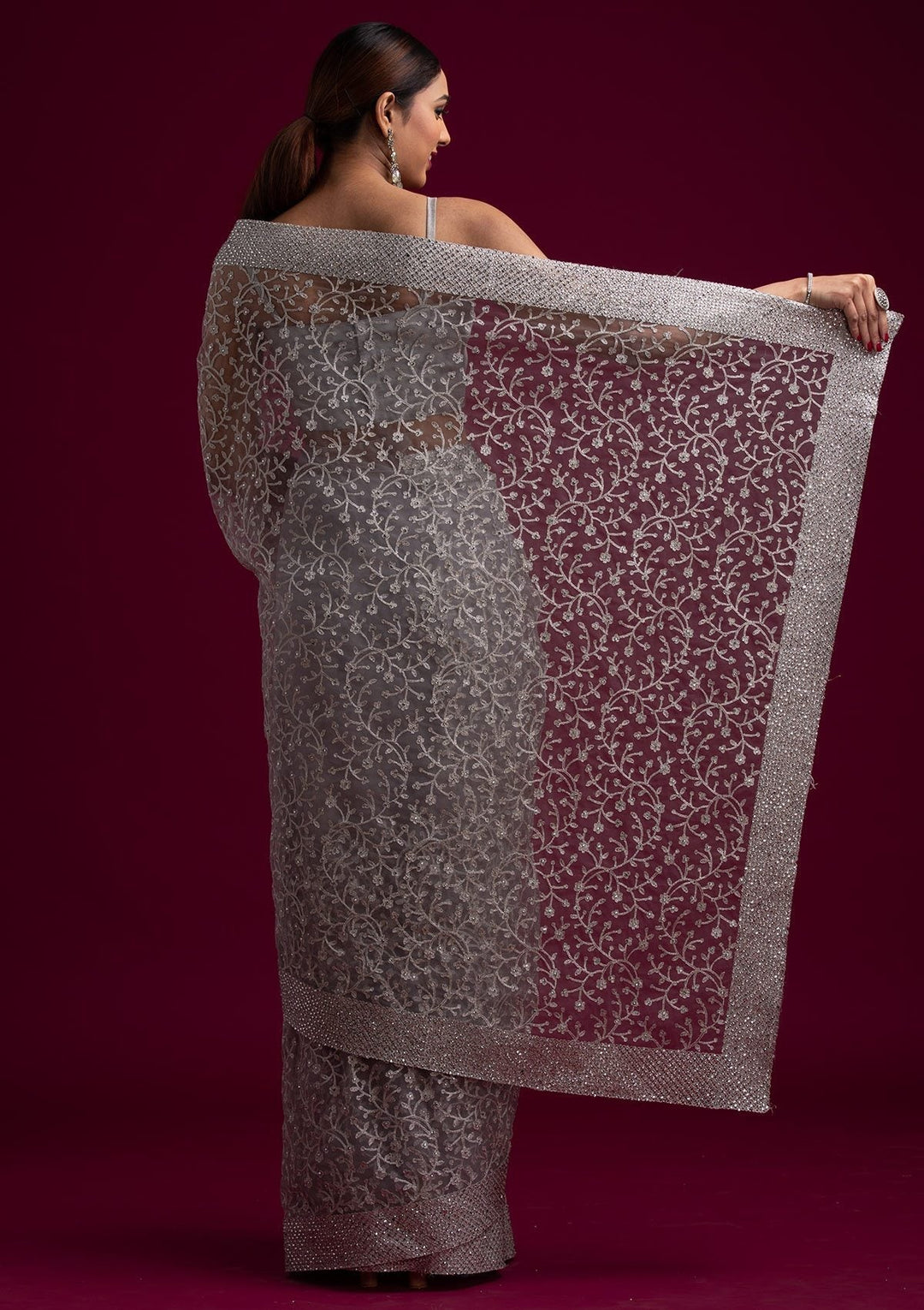 Light Grey Silver Zariwork Net Designer Saree - koskii